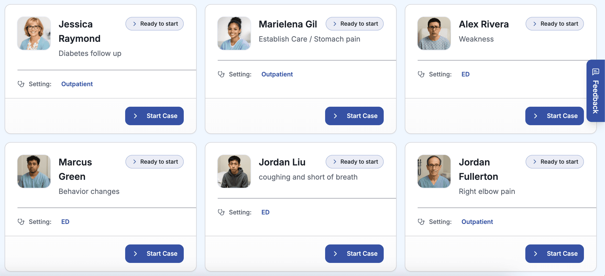 Preview of the MedSimAI case library showing multiple patient scenarios